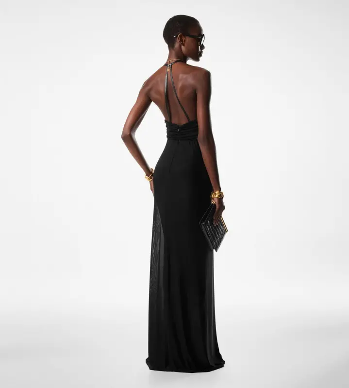 STRETCH JERSEY DEEP V-NECK EVENING DRESS BLACK online